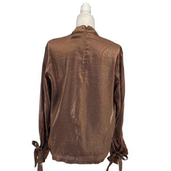 Allison New York Metallic Chiffon Smocked Long Tie bow Sleeve Blouse in Copper - Picture 8 of 9